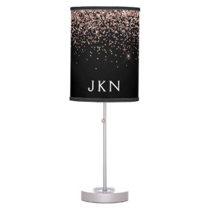 Rose Gold Blush Pink Black Glitter Monogram Table Lamp