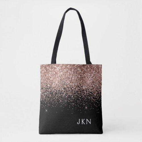 Rose Gold Blush Pink Black Glitter Monogram Tote Bag