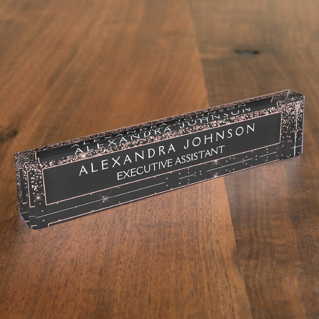 Rose Gold Blush Pink Black Glitter Professional Desk Name Plate | Zazzle