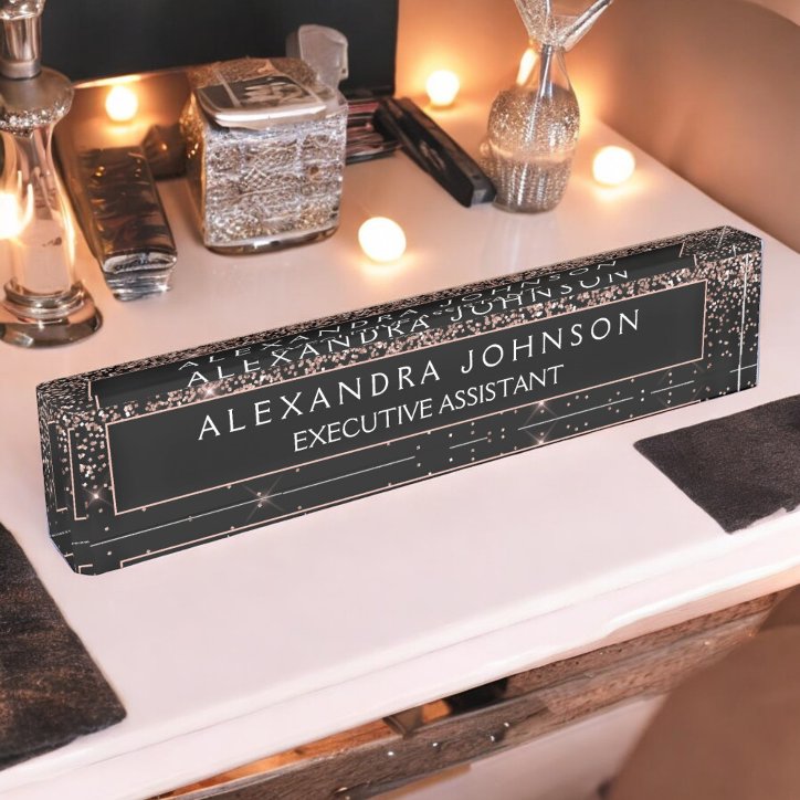 Rose Gold Blush Pink Black Glitter Professional Desk Name Plate
