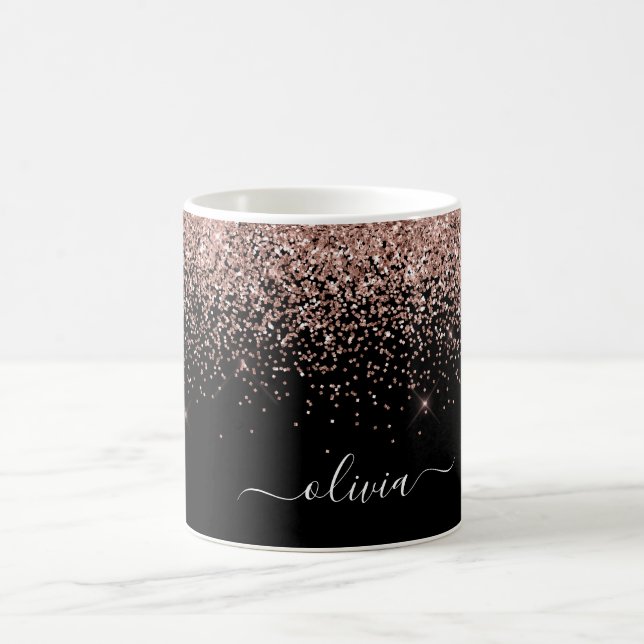 Rose Gold - Blush Pink Black Glitter Sparkle Name Coffee Mug (Center)