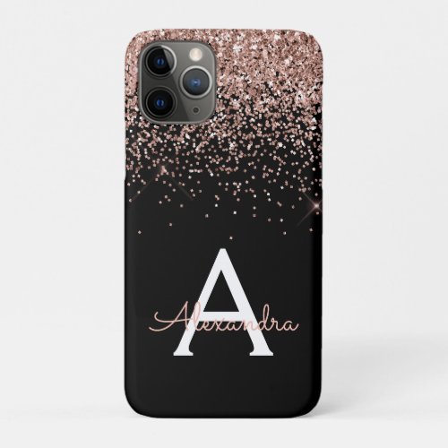 Rose Gold Blush Pink Black Luxury Glitter Monogram iPhone 11 Pro Case