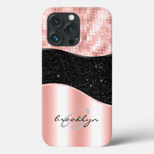 Rose Gold Blush Pink Black Luxury Glitter Monogram iPhone 13 Pro Case