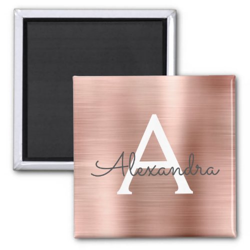 Rose Gold _ Blush Pink Brushed Metal Monogram Name Magnet