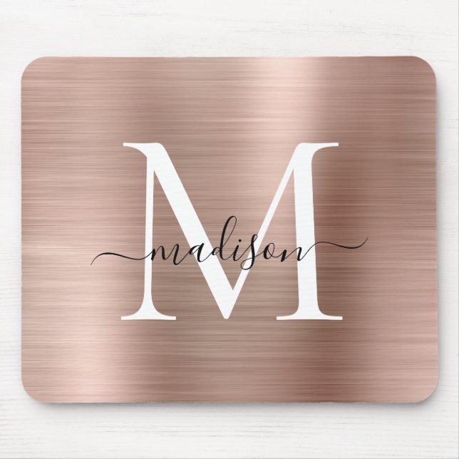 Rose Gold Blush Pink Brushed Metal Monogram Script Mouse Pad (Front)