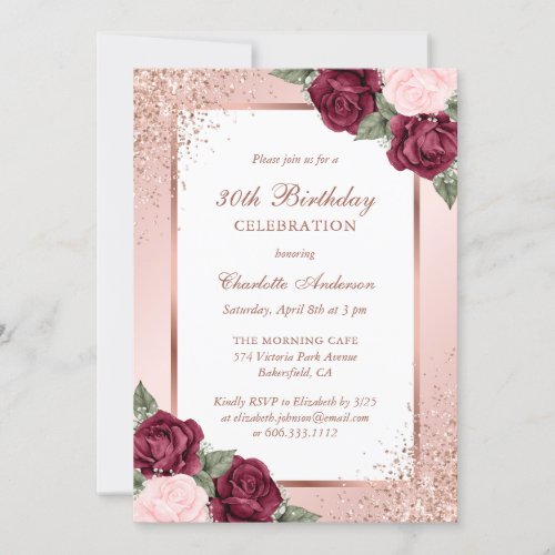 Rose Gold Blush Pink Burgundy Floral 30th Birthday Invitation