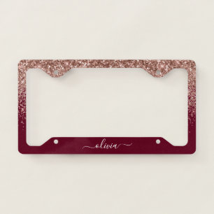 Rose Gold - Blush Pink Burgundy Glitter Monogram License Plate Frame