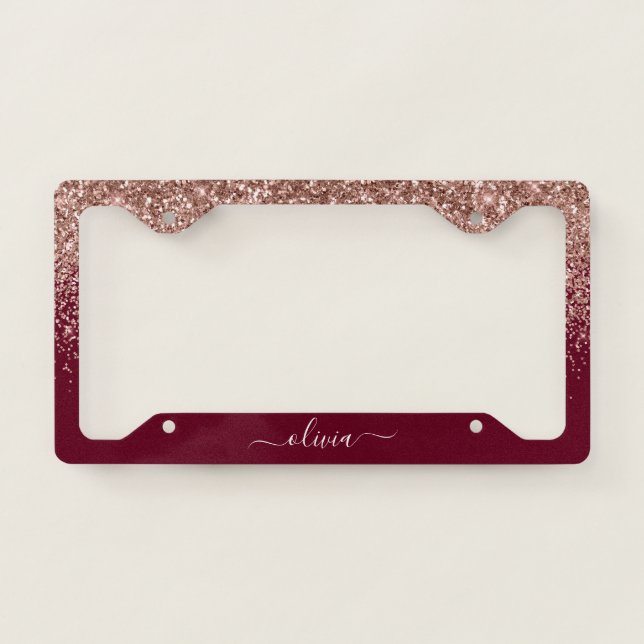 Rose Gold - Blush Pink Burgundy Glitter Monogram License Plate Frame (Front)