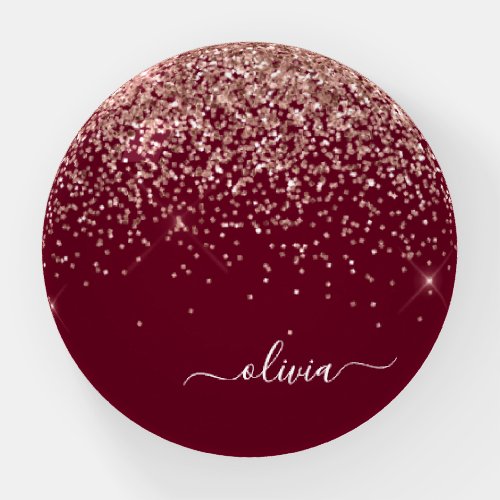 Rose Gold Blush Pink Burgundy Glitter Monogram Paperweight