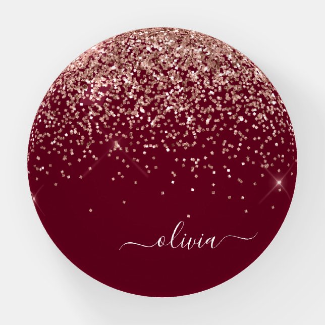 Rose Gold Blush Pink Burgundy Glitter Monogram Paperweight (Front)