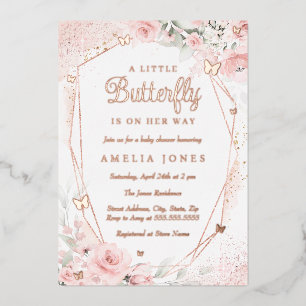 Rose Gold Blush Pink Butterfly Floral Baby Shower Foil Invitation