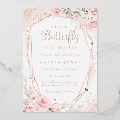 Rose Gold Blush Pink Butterfly Floral Baby Shower Foil Invitation
