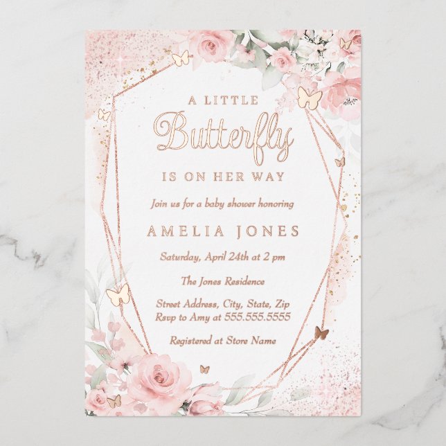 Rose Gold Blush Pink Butterfly Floral Baby Shower Foil Invitation (Front)