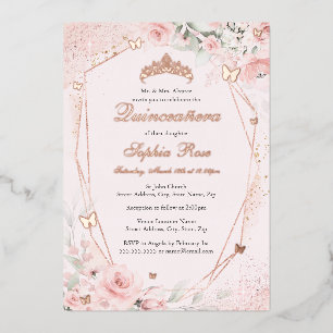 Rose Gold Blush Pink Butterfly Floral Quinceanera Foil Invitation