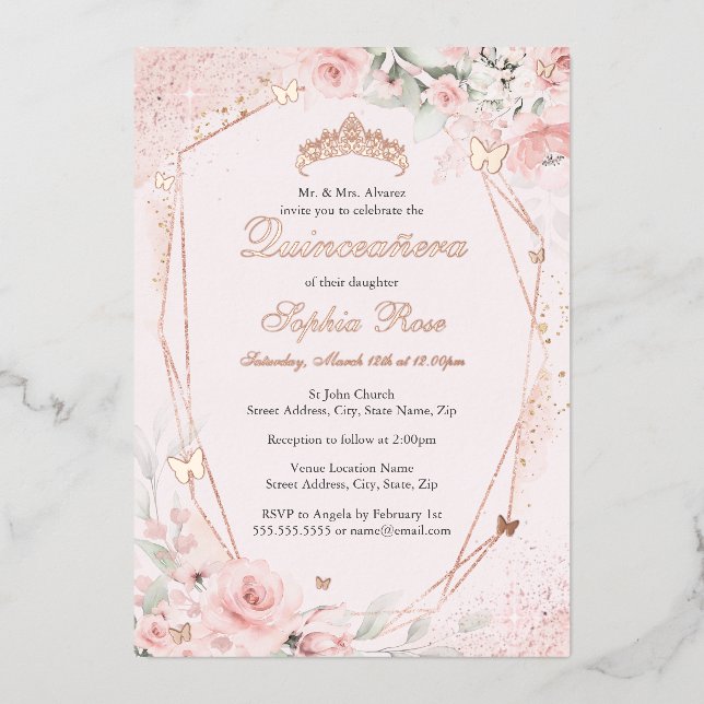 Rose Gold Blush Pink Butterfly Floral Quinceanera Foil Invitation (Front)