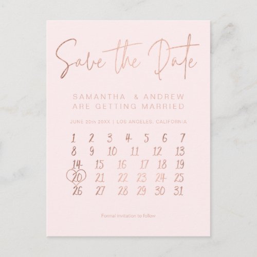 Rose gold blush pink calendar save the date announcement postcard