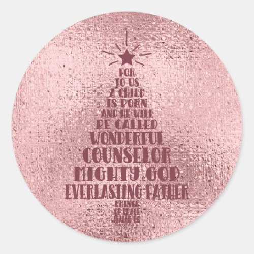 Rose Gold Blush Pink Christian Christmas Scripture Classic Round Sticker