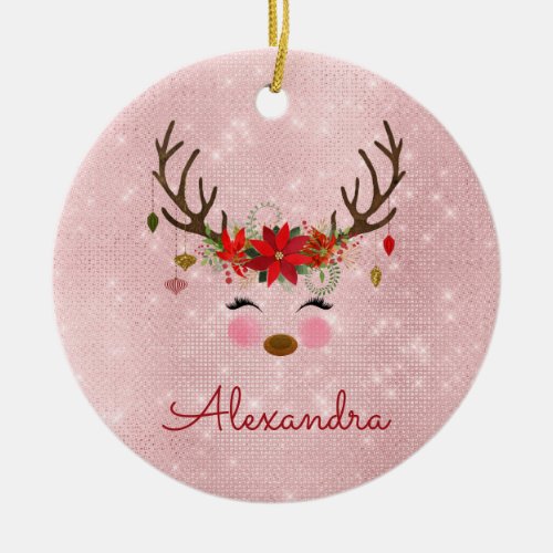 Rose Gold _ Blush Pink Christmas Reindeer Monogram Ceramic Ornament