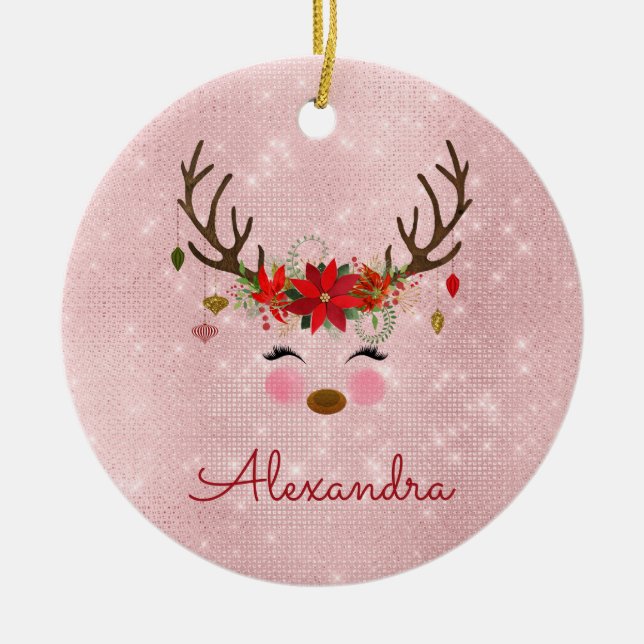 Rose Gold - Blush Pink Christmas Reindeer Monogram Ceramic Ornament (Front)