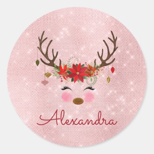 Rose Gold _ Blush Pink Christmas Reindeer Monogram Classic Round Sticker