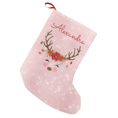 Rose Gold - Blush Pink Christmas Reindeer Monogram Small Christmas Stocking