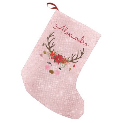 Rose Gold _ Blush Pink Christmas Reindeer Monogram Small Christmas Stocking