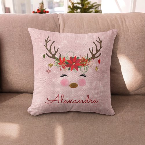 Rose Gold _ Blush Pink Christmas Reindeer Monogram Throw Pillow