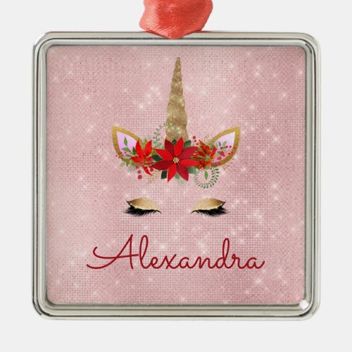 Rose Gold _ Blush Pink Christmas Unicorn Monogram Metal Ornament