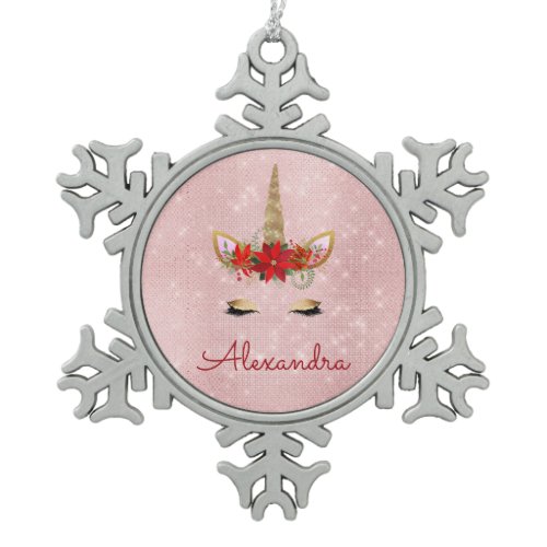 Rose Gold - Blush Pink Christmas Unicorn Monogram Snowflake Pewter Christmas Ornament