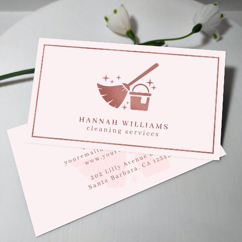 Rose Gold  Blush Pink Cleaning Services  Business Card