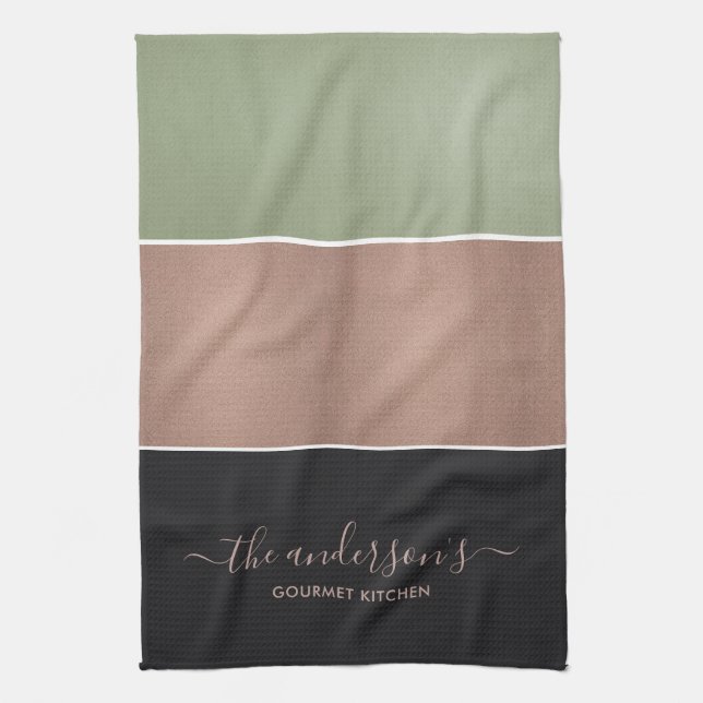 ROSE GOLD BLUSH PINK COPPER GREEN BLACK STRIPS KITCHEN TOWEL (Vertical)