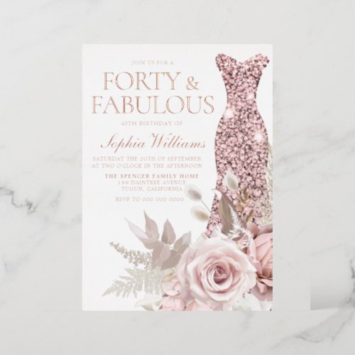 Rose Gold Blush Pink Dress 40th Birthday Party Foil Invitation