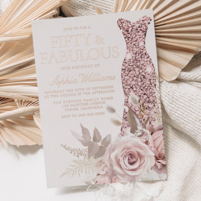 Rose Gold, Blush Pink Dress 50th Birthday Party Foil Invitation (Creator Uploaded)