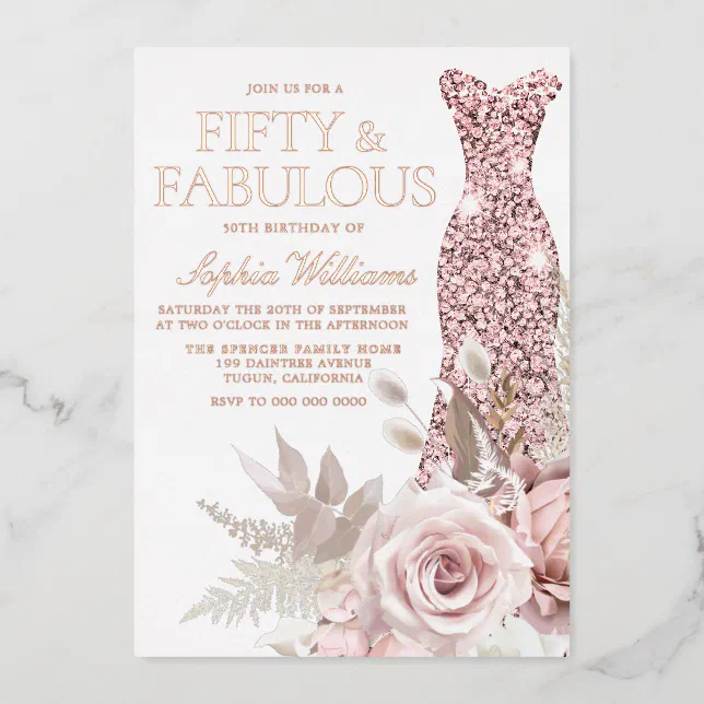 Rose Gold Blush Pink Dress 50th Birthday Party Foil Invitation Zazzle