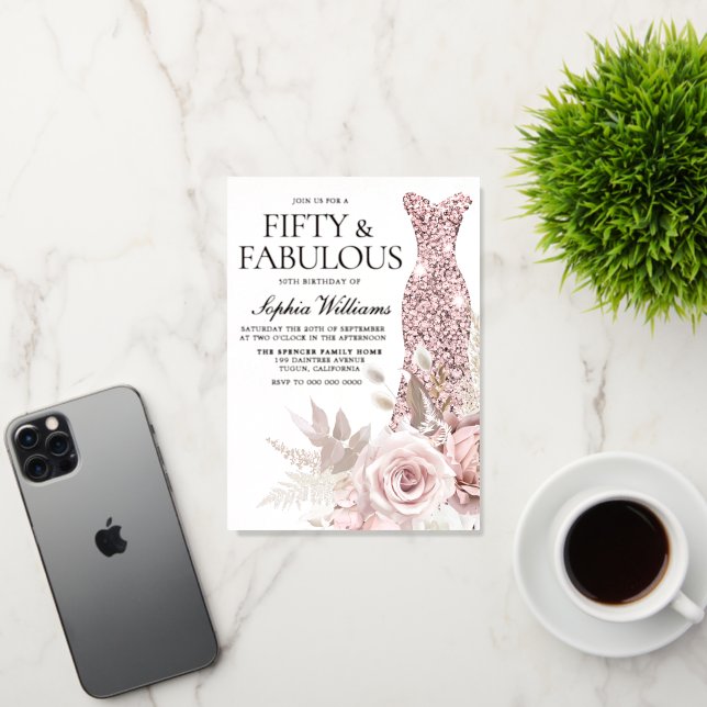 Rose Gold, Blush Pink Dress 50th Birthday Party Foil Invitation | Zazzle