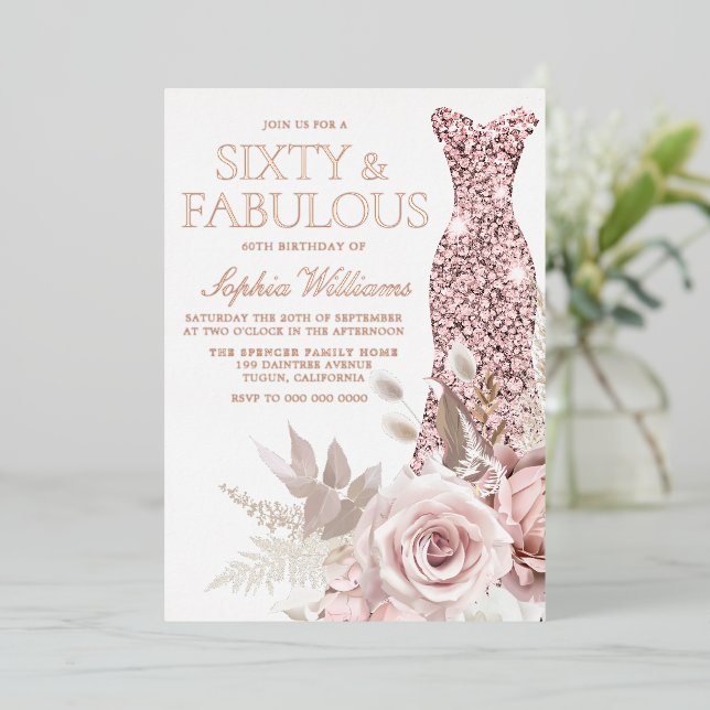 Rose Gold, Blush Pink Dress 60th Birthday Party Foil Invitation (Standing Front)