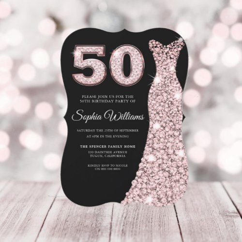 Rose Gold Blush Pink Dress Black 50th Birthday Invitation