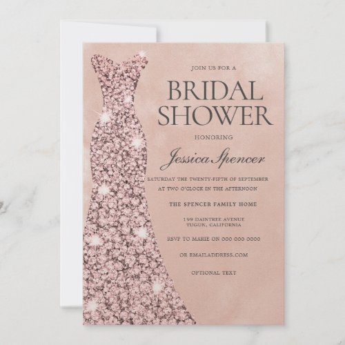 Rose Gold  Blush Pink Dress Gown Bridal Shower Invitation