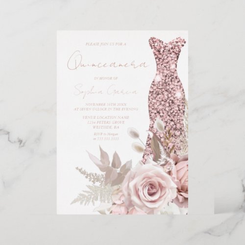 Rose Gold Blush Pink Dress Quinceanera Real Foil Invitation