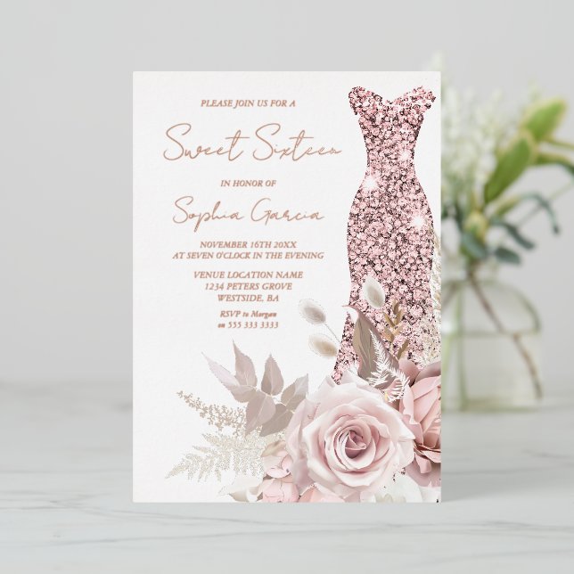 Rose Gold, Blush Pink Dress Sweet 16 Real Foil Invitation (Standing Front)