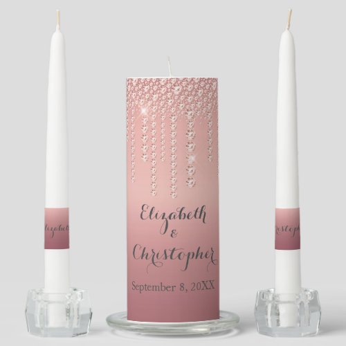 Rose Gold Blush Pink Dripping Diamonds Wedding Unity Candle Set