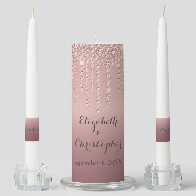 Rose Gold Blush Pink Dripping Diamonds Wedding Unity Candle Set (Front)