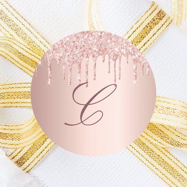 Rose gold blush pink drips monogram initial classic round sticker (Creator Uploaded)