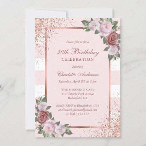 Rose Gold Blush Pink Elegant Floral 30th Birthday Invitation