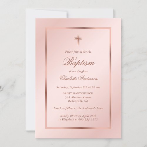 Rose Gold Blush Pink Elegant Script Girl Baptism Invitation