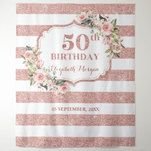 Rose gold blush pink floral 50th birthday backdrop