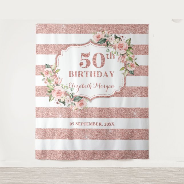 Rose gold blush pink floral 50th birthday backdrop (Front)