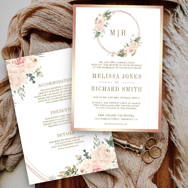 Rose Gold Blush Pink Floral All in One Wedding Invitation (Creator Uploaded)