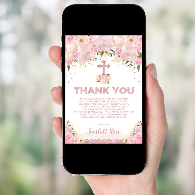 Rose Gold Blush Pink Floral Baptism Thank You Card (Front Digital)