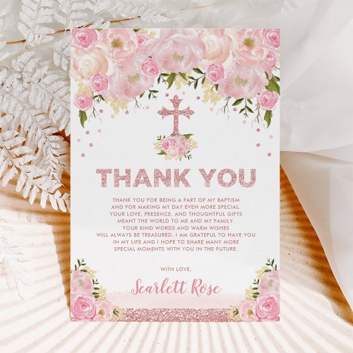 Rose Gold Blush Pink Floral Baptism Thank You Card
